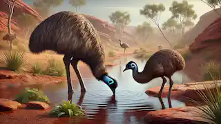 Emu and Jabiru sharing water at a small hidden spring in the Australian Outback.