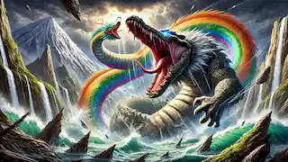 Ginga the Crocodile battles the Rainbow Serpent, shaking the land as mountains crumble and rivers swell.