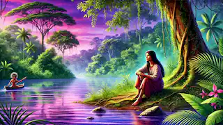 Maria sits alone by the Amazon River, deep in thought, with the serene evening sky reflecting her inner turmoil.