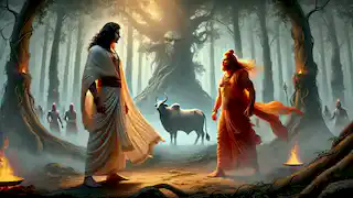 Vashishta and Vishwamitra face off in an ancient forest, with the divine cow Nandini standing nearby.