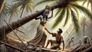 Neferu rescuing a young boy trapped under a fallen palm tree as part of her trial of compassion.