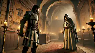 Altair confronts Garnier de Naplouse in a dimly lit stone building, readying his hidden blade for the final strike.