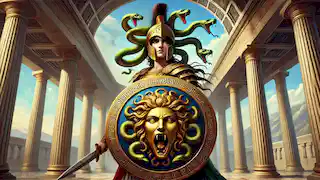 Medusa's head displayed on Athena’s shield, the Aegis, symbolizing power and protection.