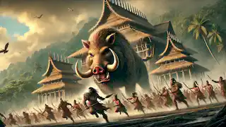 Kamapua'a in his boar form leading rebels against his father's palace in an epic battle.