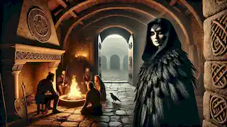 The Morrigan in a raven-feathered cloak standing in the doorway of a great hall, her piercing eyes captivating all.