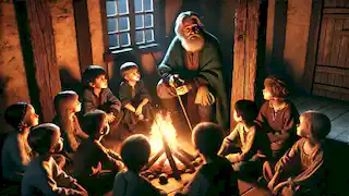 An older Aaron, now an elder, sits by the fire telling his story to children, who listen intently in the warm firelight.