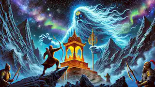 Aibek faces the spectral figure of Batyr Dastan at Mount Tengri’s summit, near a glowing altar with the Soul Feather.