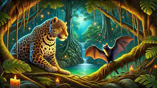 Jaguar and bat meeting near the Cenote in a moonlit jungle surrounded by dense foliage and glowing fireflies.