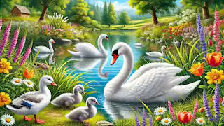 A flock of graceful white swans gliding on a serene lake with vibrant and detailed scenery.