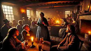 Villagers gathered around an elderly woman in a dimly lit 1855 English tavern as she tells a story about cloven-hoofed figure.