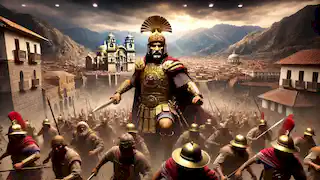 Pachacuti leads the defense of Cusco against the invading Chanka warriors, with storm clouds over the Andes mountains.