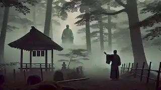  Village elder stands at the edge of a misty forest, calling out to the faint figure of the Nurarihyon in the distance.