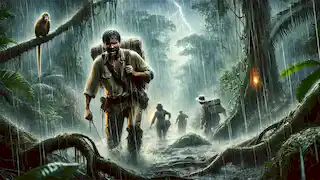 Explorers caught in a heavy rainstorm, struggling through the muddy jungle as lightning illuminates the dark sky