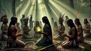 Icamiaba warriors kneel in the quiet jungle, mourning their fallen sisters after the battle, with sunlight filtering through the trees.