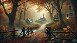 A peaceful autumn path leading to Sleepy Hollow village with golden leaves and mist rising from the forest