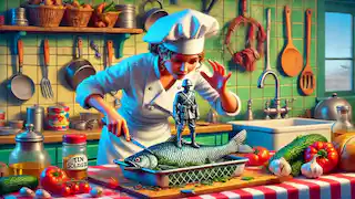 The cook discovering the tin soldier inside the fish she was cleaning.