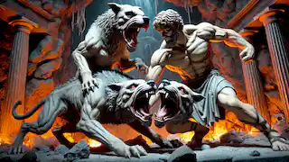 Heracles wrestles Cerberus, the three-headed dog, in the dark and fiery underworld.