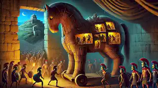 Greek warriors hidden inside the Trojan Horse waiting to attack.