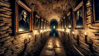 Dimly lit hallway with flickering torches and ancient distorted portraits in Exham Priory.