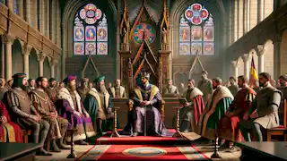 King Alfonso III presides over a courtroom, resolving a land dispute between the Vargas and Mendoza families.