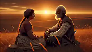 Bamsi Beyrek and Banu Çiçek in their elder years, watching a serene sunset over the steppes, reflecting on their journey.