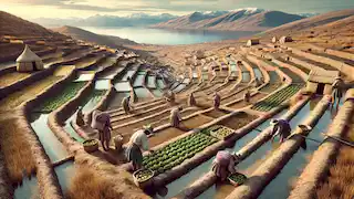 Tiwanaku farmers cultivating crops using raised-field agriculture near Lake Titicaca.