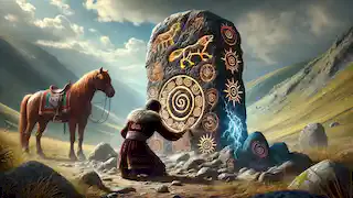 Turkyn kneels beside an ancient stone pillar with glowing symbols, her horse Karash standing nearby.