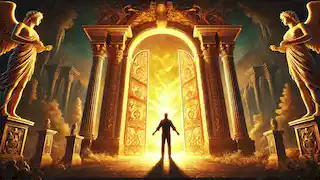 Callisthenes stands in awe before the glowing golden gates of Elysium, which open to reveal paradise beyond.