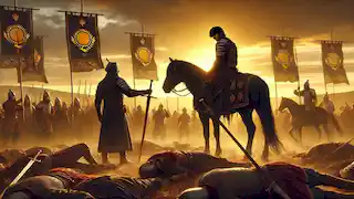 Aliman holds his father’s sword high in victory as the sun rises over the battlefield, with Kazakh banners fluttering.