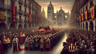 The funeral procession of King Alfonso III through León, with mourning citizens and knights paying their respects.