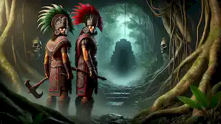 Hunahpu and Xbalanque, the Hero Twins, stand at the edge of the dark forest before entering Xibalba.