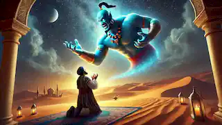 The merchant pleading with the angry genie under a starry desert sky.