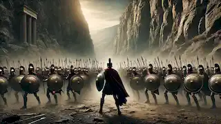 King Leonidas leads his 300 Spartan warriors at the Battle of Thermopylae, standing ready for sacrifice against the Persian army.