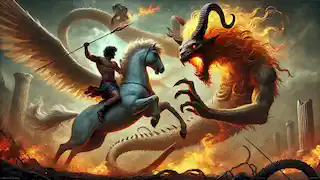 The climactic battle between Bellerophon on Pegasus and the Chimera, with fire, venom, and intense struggle in the air.