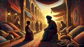 Darius listens to an old man in a bustling Persian marketplace as the sun sets over vibrant stalls of goods.