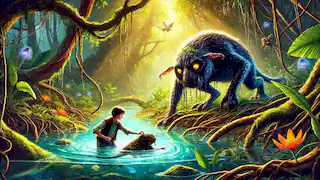 Mia wading into a hidden pool in the swamp, helping the Bunyip free a smaller creature trapped in roots.