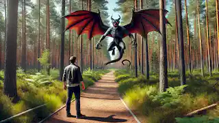  A modern-day hiker freezes as the Jersey Devil flies overhead, casting a shadow on the forest trail.