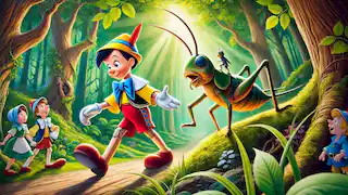 Pinocchio and the talking cricket on their journey.