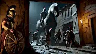 Greek warriors emerge from the wooden horse in Troy under moonlight, silently preparing to open the city gates.