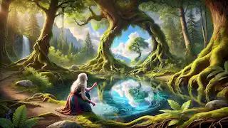 Elara kneels by a pond in the Enchanted Forest, the water reflecting visions of distant lands and unknown futures.