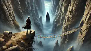 Arash faces a shadowy figure across a chasm, with a fragile rope bridge swaying in the wind between them.