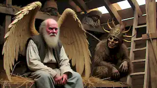 The old man with wings sits quietly in the coop while villagers focus on the nearby tarantula woman.