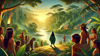 Maia stands in her rejuvenated village at dawn, surrounded by grateful people, with the jaguar guardian in the distance.