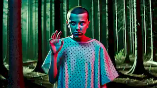 Eleven stands in a dark forest, wearing a hospital gown, her hand raised, concentrating on her telekinetic powers.