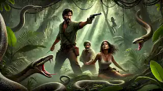 Vargas holds Dr. Elena and Diego at gunpoint near a hidden jungle pit filled with venomous serpents.