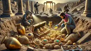 Archaeologists uncovering Sassanid artifacts, including golden treasures and gemstones, amidst ruins of ancient Persian architecture.