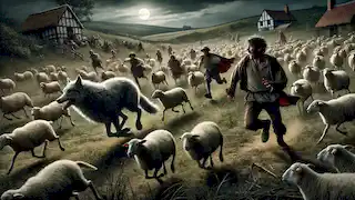 A wolf attacks the sheep while Peter runs toward the village, panicked and shouting for help