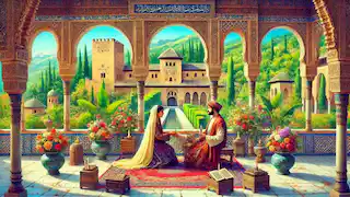 Aisha and Tariq in a small ceremony within the Alhambra, surrounded by historical artifacts.