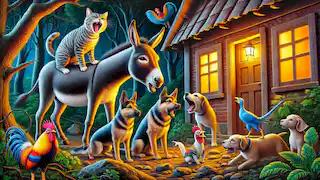 Animals stacked on each other's backs outside a house, making noise to scare away robbers. Dark forest with a warmly lit house.