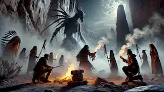 In a canyon at night, Leona and warriors confront the Skinwalker, their blessed weapons glowing as smoke fills the air.